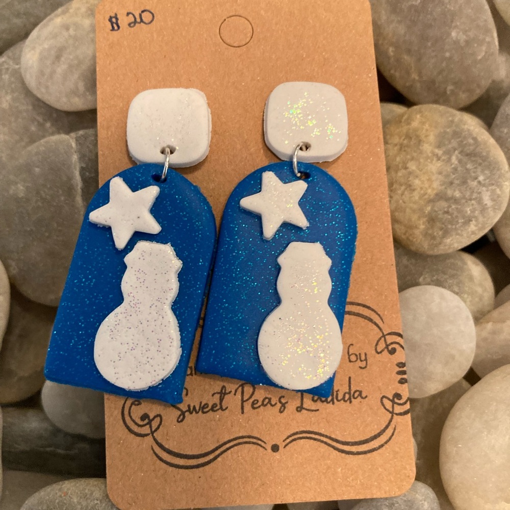 Lightweight Glittery Polymer Clay Christmas Snowman and Star Earrings